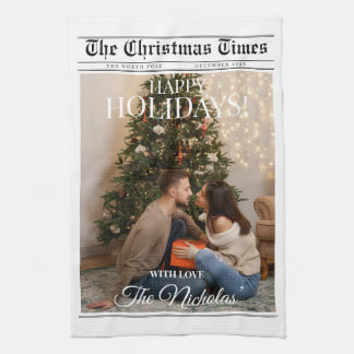 Newspaper What A Year Black White Photo Christmas Tea Towel