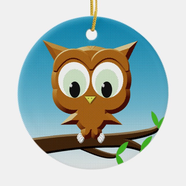 Newsprint Cartoon Owl Ceramic Tree Decoration (Front)