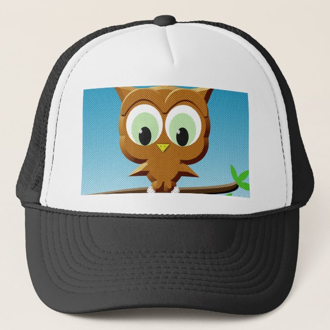 Newsprint Cartoon Owl Trucker Hat (Front)
