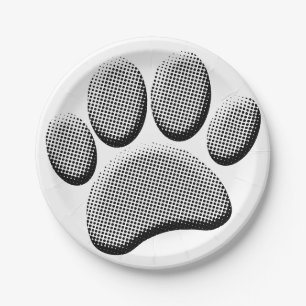 Newsprint Halftones Cartoon Dog Paw Prints Paper Plate