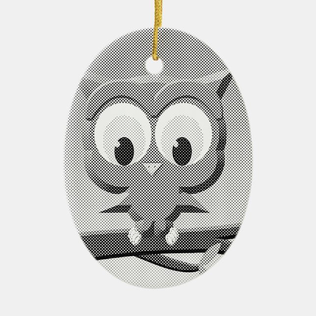 Newsprint Owl In Black And White Ceramic Tree Decoration (Front)