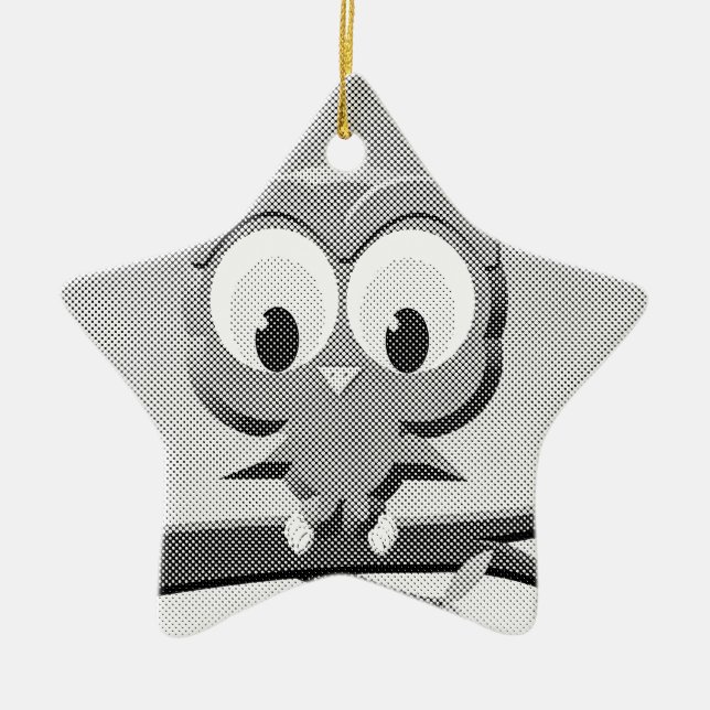 Newsprint Owl In Black And White Ceramic Tree Decoration (Front)