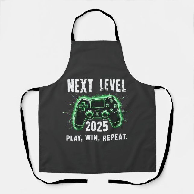 Next Level 2025 Play Win Repeat Funny Gaming Gamer Apron (Front)