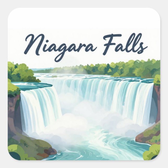 Niagara Falls Painterly Landscape Illustration Square Sticker (Front)