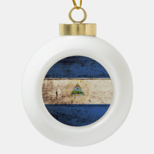 Nicaragua Flag on Old Wood Grain Ceramic Ball Christmas Ornament