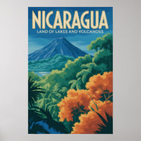 Nicaragua Volcano Illustration Travel Art Vintage