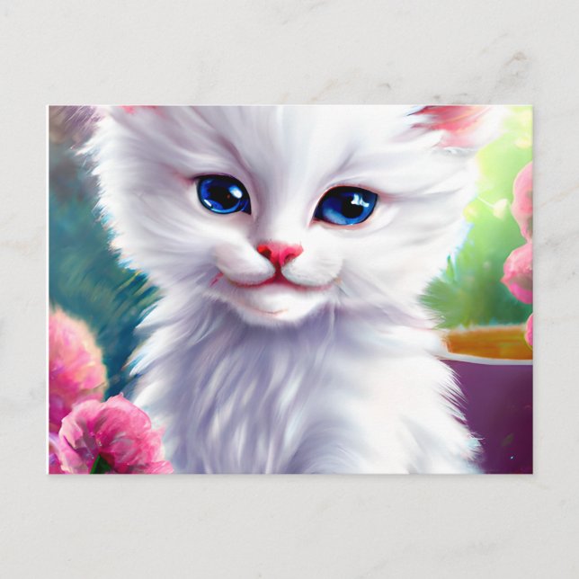 Nice and Adorable White and Fluffy Kitten  Postcard (Front)