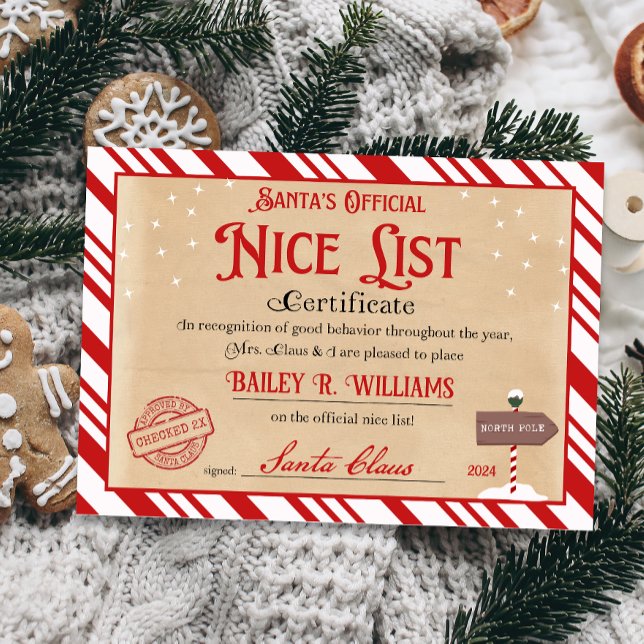 Nice Certificate from Santa Approved Checked Twice Invitation (Official Nice List Certificate Santa Claus North Pole letter instant download printable)