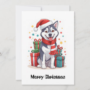 Nice Cute Siberian Husky Santa Claus Christmas Dog Holiday Card