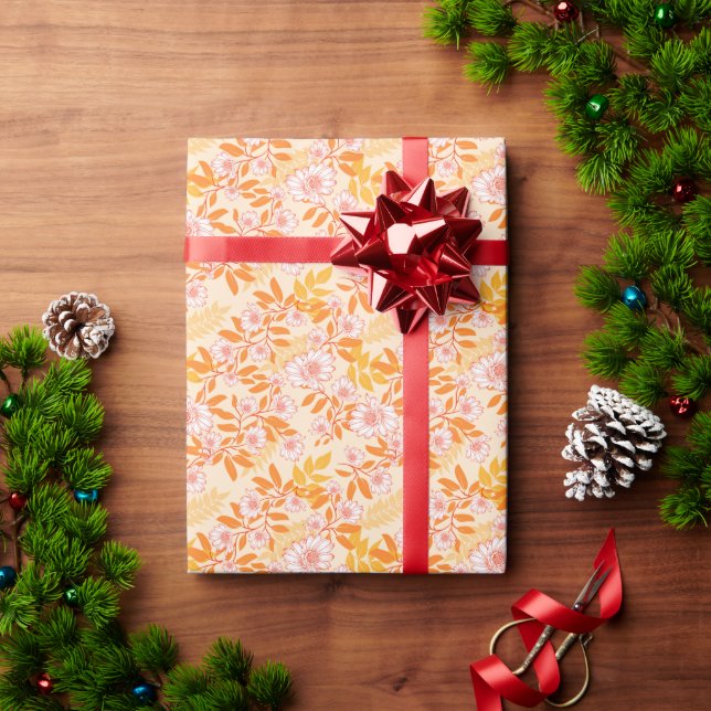 Nice floral pattern with orange leaves wrapping paper (Holiday Gift)
