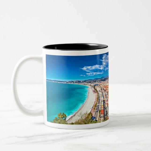 Nice, France Coastline Watercolor Two-Tone Coffee Mug (Left)