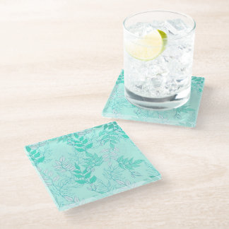 Nice green leaf design on aquamarin bottom glass coaster