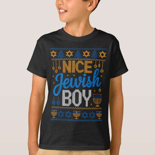Nice Jewish Boy Hanukkah Menorah Dreidel Ugly Swea T-Shirt (Front)