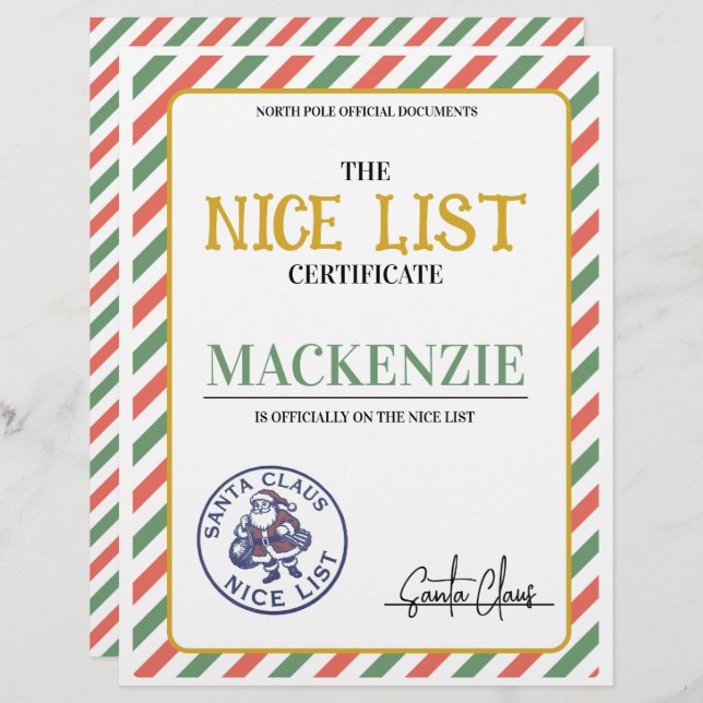 Nice List Certificate Signed by Santa Personalized (Front/Back)