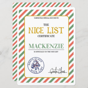 Nice List Certificate Signed by Santa Personalized Holiday Card