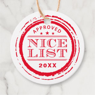NICE LIST funny Santa approved stamp red Favour Tags
