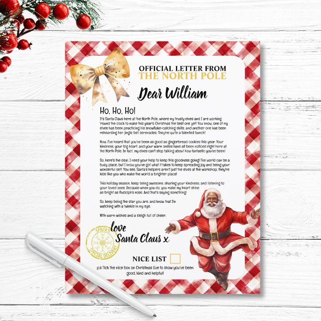 Nice List Letter From Santa Kids Name Holidays   (Nice List Letter To Santa for Kids Name Holidays  personalized christmas magic vintage red gold fun)