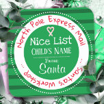 Nice List North Pole Mail Custom Name Square Stick Square Sticker<br><div class="desc">Striped pattern background. Nice list North pole express mail fun custom kids name Christmas gift tags. Fun stickers to add to kids gifts! green</div>