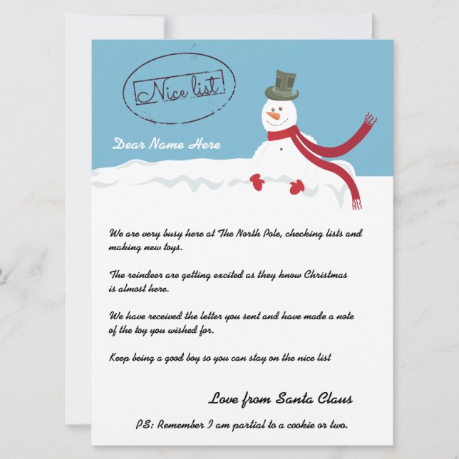 Nice List Snowman Letter From Santa Personalised Holiday Card (Front)