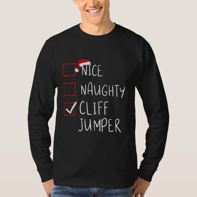 Nice Naughty Cliff Jumper List Christmas Santa T-Shirt (Front)