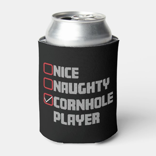 Nice Naughty Cornhole Player List Ugly Christmas Can Cooler (Can Front)