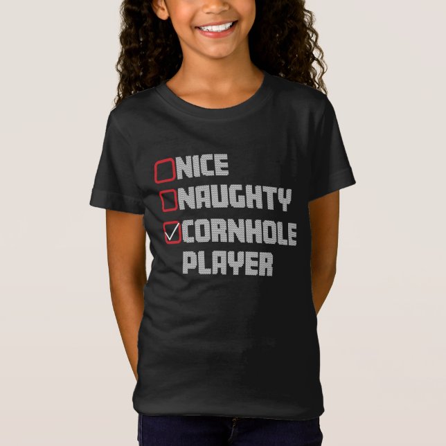 Nice Naughty Cornhole Player List Ugly Christmas T-Shirt (Front)