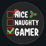 Nice Naughty Gamer Christmas List Gaming Santa Classic Round Sticker<br><div class="desc">Nice Naughty Gamer Christmas List Gaming Santa</div>