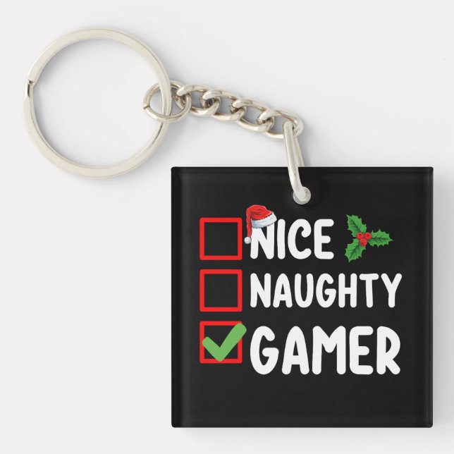 Nice Naughty Gamer Christmas List Gaming Santa Key Ring (Front)