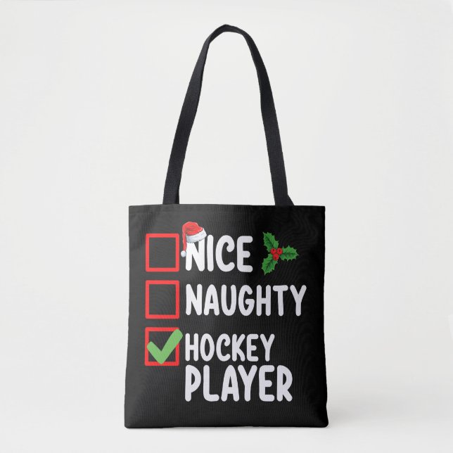 Nice Naughty Hockey Player Christmas List Santa Tote Bag (Front)