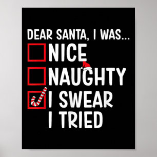 Nice Naughty I Swear I Tried Funny Santa Christmas Poster