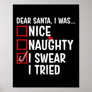 Nice Naughty I Swear I Tried Funny Santa Christmas Poster