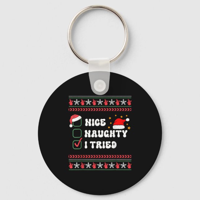 Nice Naughty I Tried Christmas List Santa Hat  Key Ring (Front)