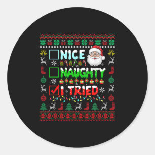 Nice Naughty I Tried Funny List Santa Face Christm Classic Round Sticker