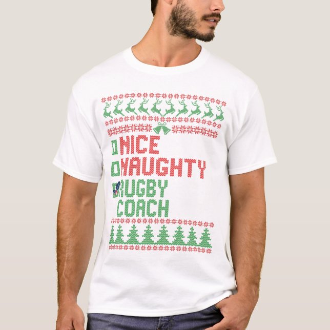 Nice Naughty Rugby Coach Funny Christmas Matching T-Shirt (Front)