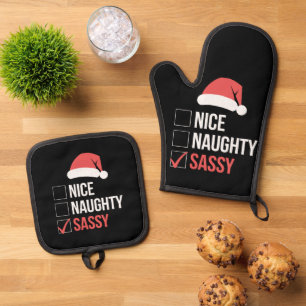 Nice Naughty Sassy Christmas List Oven Mitt & Pot Holder Set