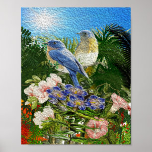 Nice oil paint 2 birds between flowers poster