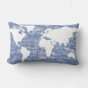 nice pattern of names & world map on blue lumbar cushion