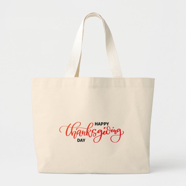 Nice Text Happy Thanksgiving Typography Large Tote Bag (Front)