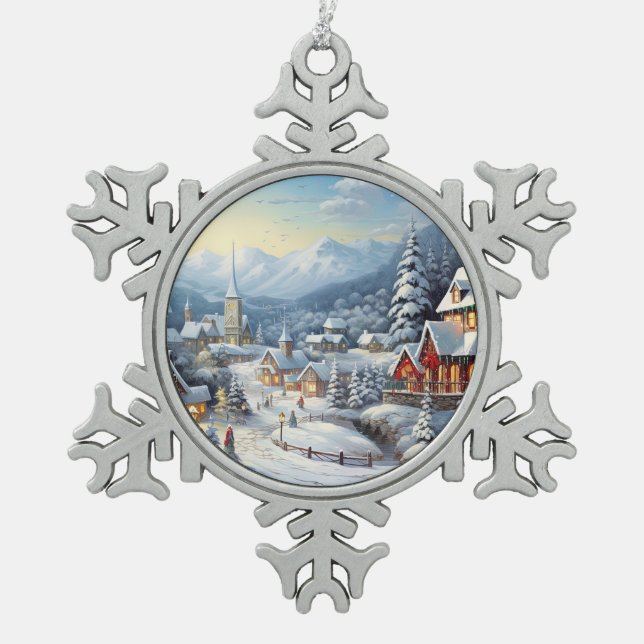 Nice village on a Christmas day Snowflake Pewter Christmas Ornament (Front)