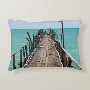 Nice wooden bridge with blue sea background at Sam Decorative Cushion