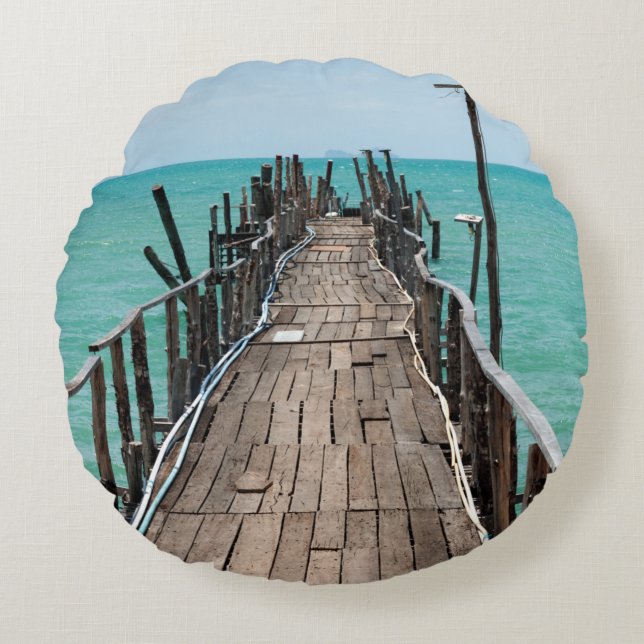 Nice wooden bridge with blue sea background at Sam Round Cushion (Front)