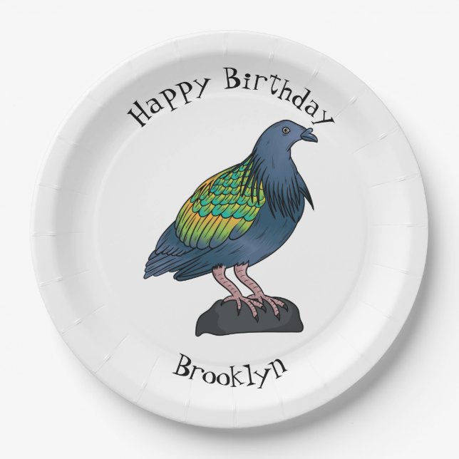 Nicobar pigeon bird cartoon illustration paper plate (Front)