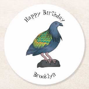 Nicobar pigeon bird cartoon illustration round paper coaster