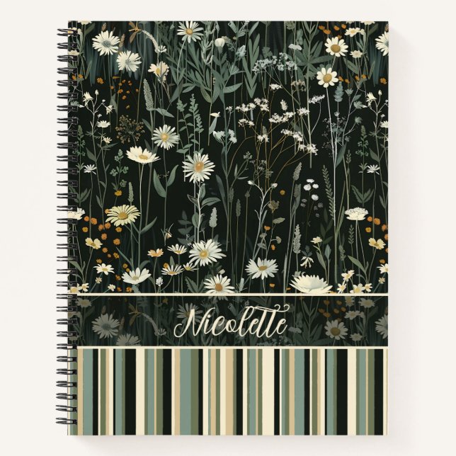 Nicolette Dark Daisy Floral Striped Deluxe Notebook (Front)