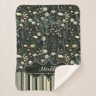 Nicolette Dark Daisy Floral Striped Sherpa Blanket
