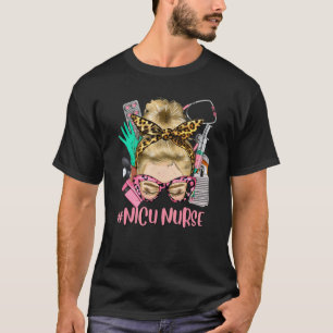 NICU Nurse Blonde Messy Bun Straight Hair Leopard T-Shirt