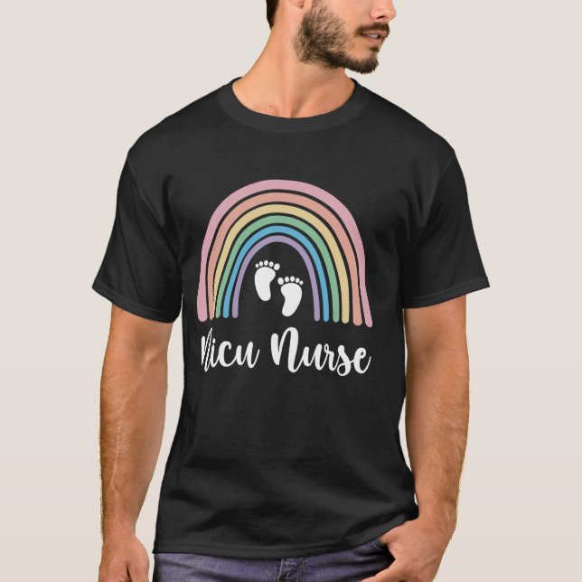 NICU Nurse ICU Neonatal Boho Rainbow Team Tiny Hum T-Shirt (Front)