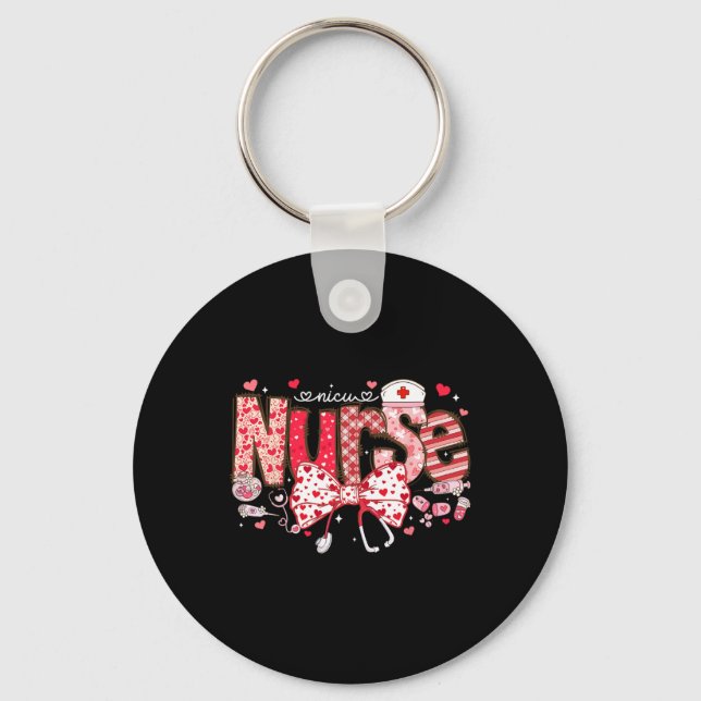 Nicu Nurse Stethoscope Coquette Bow Heart Valentin Key Ring (Front)