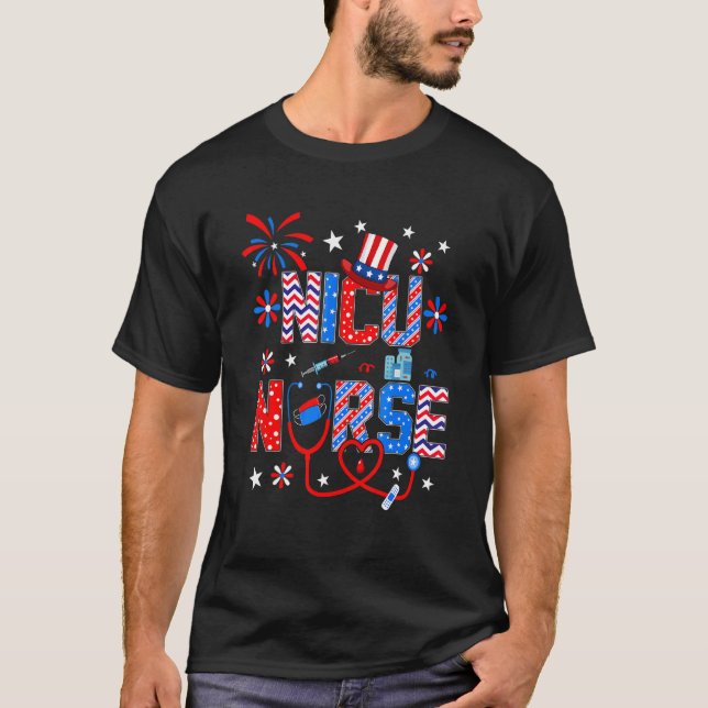 Nicu Nurse  Stethoscope Patriotic 4th Of July Fire T-Shirt (Front)
