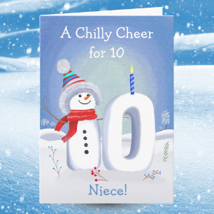 Niece 10th Birthday Snowman Snowy Ten Card